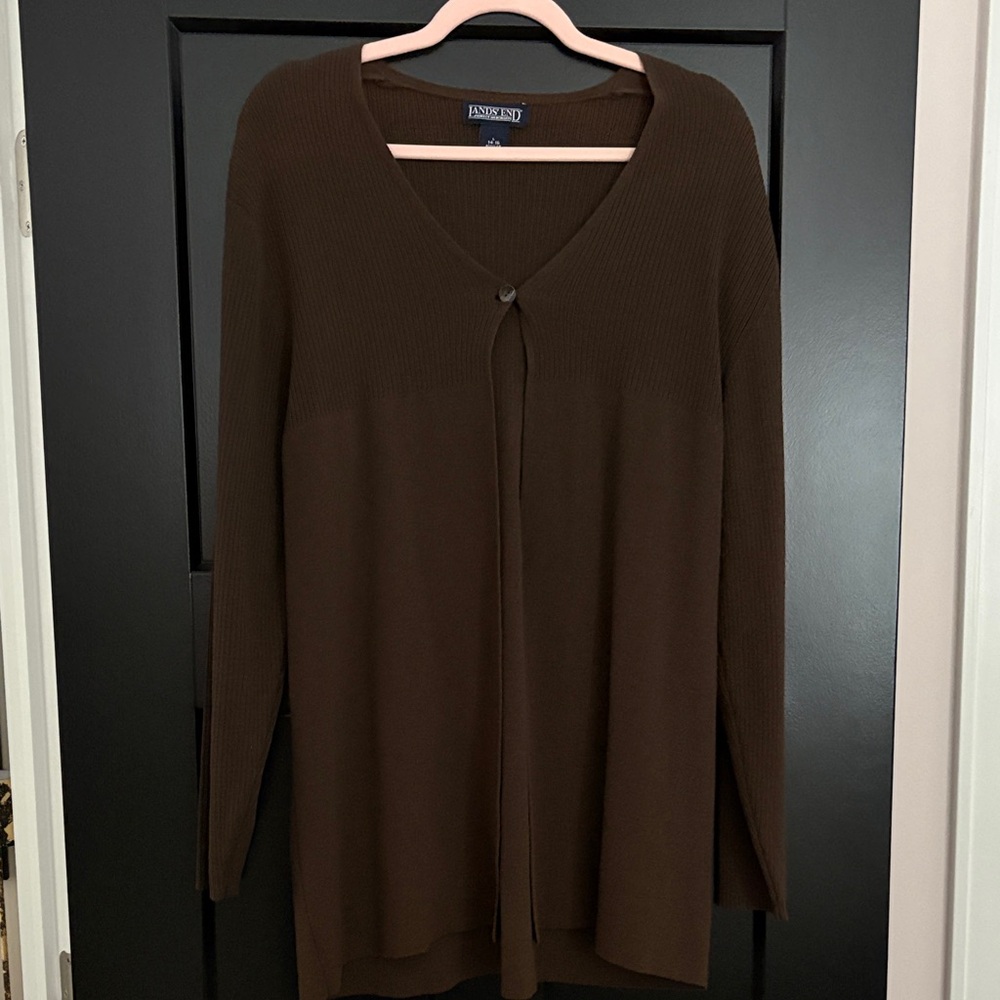Lands' End Chocolate Brown 100% Wool One Button Open Cardigan.Size 14-16. Large